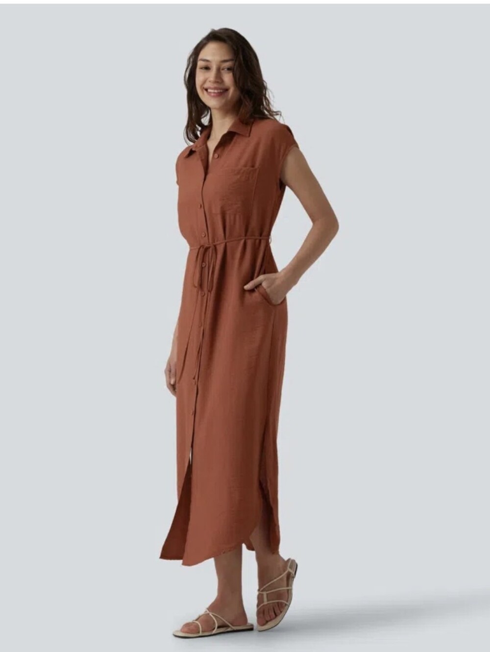 Collar Cap Sleeve Belted Curved Split Hem Midi Casual Shirt Dress - Burnt Orange - Picture 2 of 3